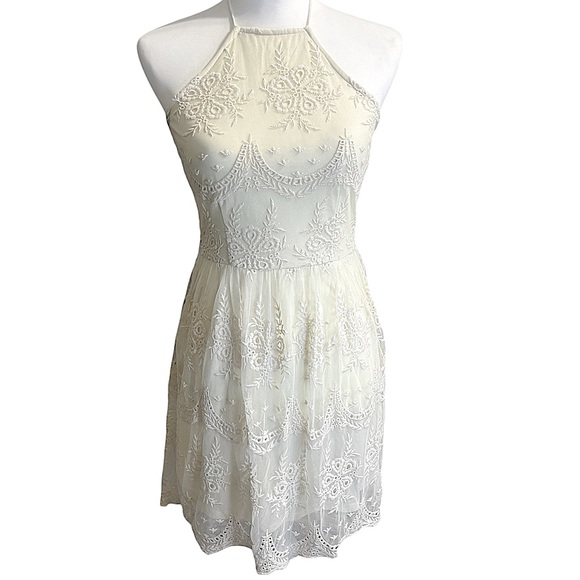 Ivory Embroidered Halter Lace Dress | Boho Summer Party | Size S - Picture 1 of 10